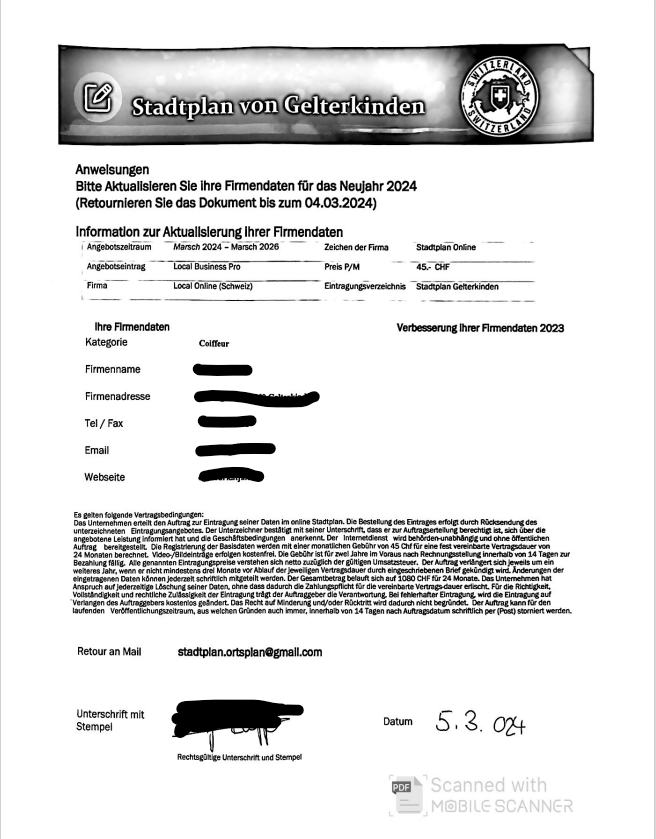 Betrugsversuche bei Stadtplan- und Registereinträgen